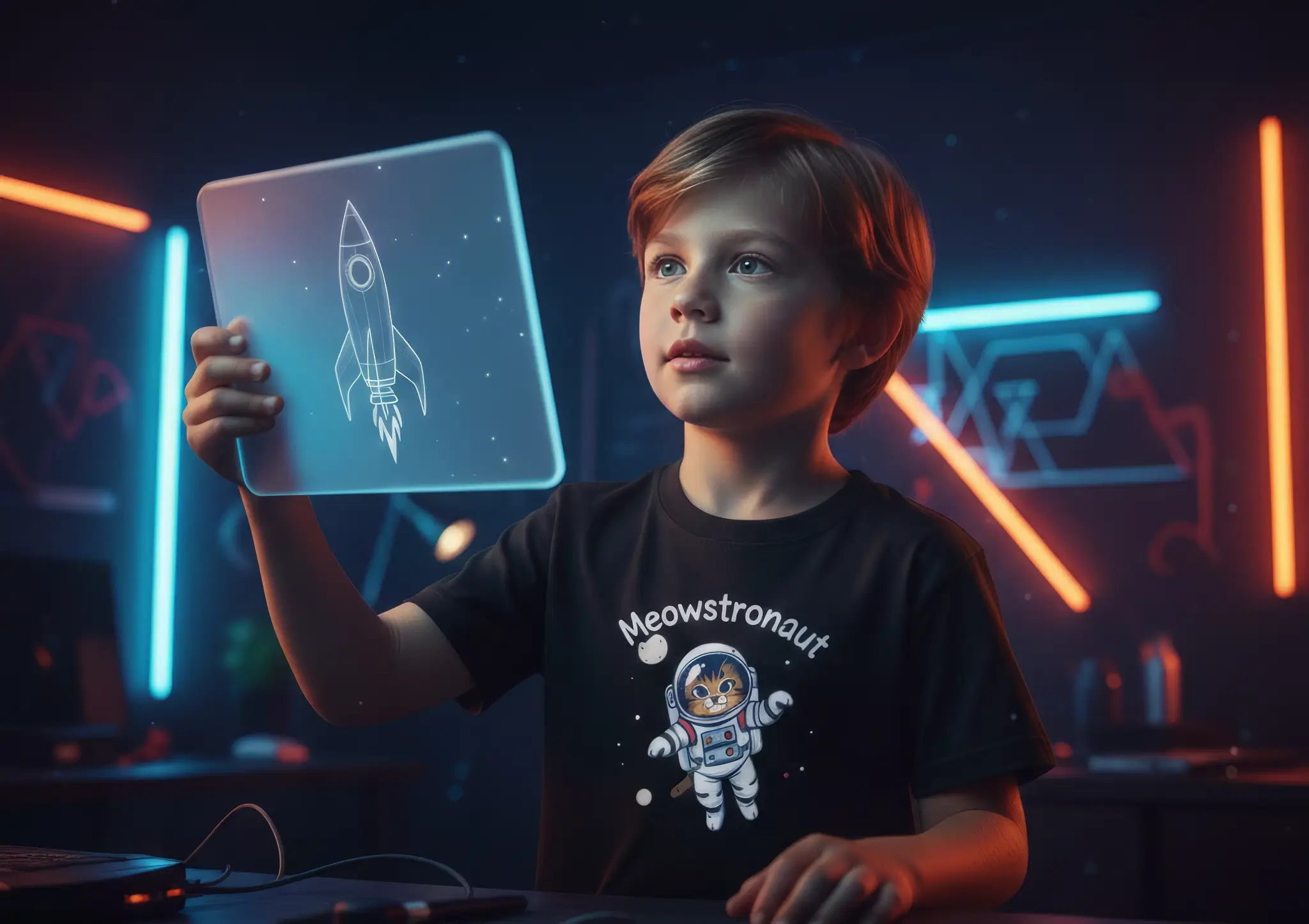 Kid with digital tablet and meowstronaut shirt